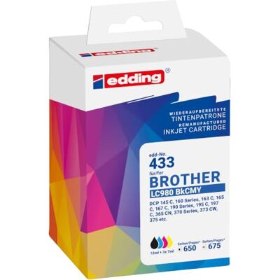 Edding Cartucho de tinta EDD-433 Multipack 4 – Negro, Cian, Magenta, Amarillo – 1 x 14 ml + 3 x 9 ml – Alcance 1 x 550 3 x 865 – Sustituye a Brother LC980BK/C/M/Y Edding Cartucho de tinta EDD-433 Multipack 4 – Negro, Cian, Magenta, Amarillo – 1 x 14 ml + 3 x 9 ml – Alcance 1 x 550 3 x 865 – Sustituye a Brother LC980BK/C/M/Y