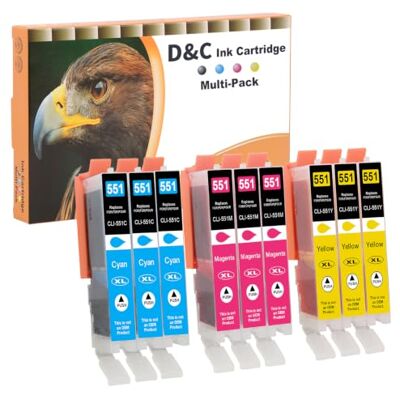 D&C Cartuchos de Tinta compatibles para Canon CLI-551 XL para Canon Pixma MG6450 MG6650 MG7100 MG7150 MG7550 MX925 iP7200 iP7250 MG5400 MG5450 MG5550 MG5650 MG5655 MX725 MX920 iP8750 (9-Pack) D&C Cartuchos de Tinta compatibles para Canon CLI-551 XL para Canon Pixma MG6450 MG6650 MG7100 MG7150 MG7550 MX925 iP7200 iP7250 MG5400 MG5450 MG5550 MG5650 MG5655 MX725 MX920 iP8750 (9-Pack)