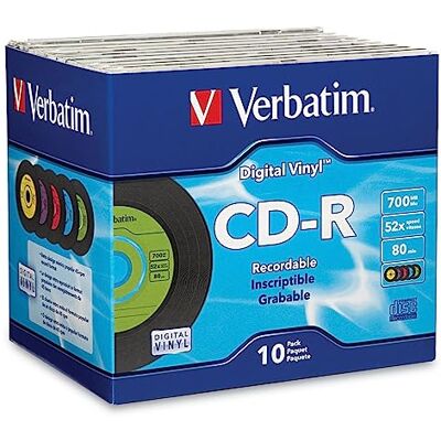 Verbatim CD-R Discos en Blanco de 700 MB 80 min 52X Disco grabable para Datos y música con Superficie de Vinilo Digital – 10 Unidades Slim Case Azul/Verde/Naranja/Rosa/Púrpura Verbatim CD-R Discos en Blanco de 700 MB 80 min 52X Disco grabable para Datos y música con Superficie de Vinilo Digital – 10 Unidades Slim Case Azul/Verde/Naranja/Rosa/Púrpura