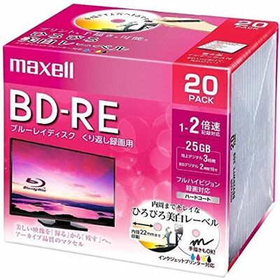Maxell BD-RE Estándar 130 minutos 2X velocidad amplia imprimible blanco paquete de 20 BEV25WPE.20S Maxell BD-RE Estándar 130 minutos 2X velocidad amplia imprimible blanco paquete de 20 BEV25WPE.20S