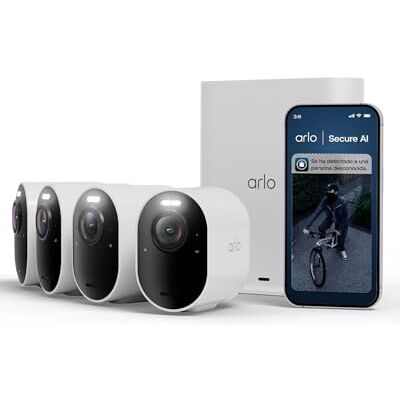 Arlo Ultra 3, Cámara de Vigilancia Exterior WiFi 4K UHD, Reconocimiento por IA, Vsión Nocturna a Color, Audio bidireccional, Funciona con Alexa, Prueba de Secure App incluida, 4 Cámaras + Smarthub Arlo Ultra 3, Cámara de Vigilancia Exterior WiFi 4K UHD, Reconocimiento por IA, Vsión Nocturna a Color, Audio bidireccional, Funciona con Alexa, Prueba de Secure App incluida, 4 Cámaras + Smarthub