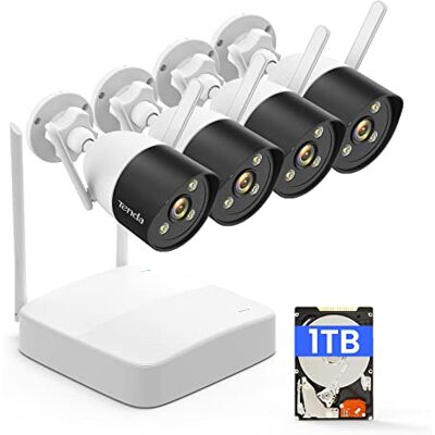 Tenda Kit de Cámaras de Vigilancia WiFi 2K 4X 3MP Cámara IP Exterior de Visión Nocturna en Color con Grabador 4CH 1TB HDD NVR, Fácil Instalación Sin Cables, Alarma de Movimiento, K4W-3TC-1T Tenda Kit de Cámaras de Vigilancia WiFi 2K 4X 3MP Cámara IP Exterior de Visión Nocturna en Color con Grabador 4CH 1TB HDD NVR, Fácil Instalación Sin Cables, Alarma de Movimiento, K4W-3TC-1T
