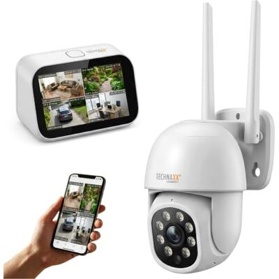 Technaxx Mini Kit de Cámara de Vigilancia con Monitor Táctil de 4,3" – Cámara WiFi 3MP 2K de Doble Banda (2,4/5,8 GHz), IP65, PTZ (Pan/Tilt), Detección de Personas y Visión Nocturna TX-389 Technaxx Mini Kit de Cámara de Vigilancia con Monitor Táctil de 4,3" – Cámara WiFi 3MP 2K de Doble Banda (2,4/5,8 GHz), IP65, PTZ (Pan/Tilt), Detección de Personas y Visión Nocturna TX-389