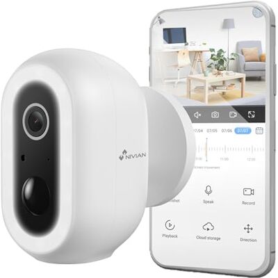 NIVIAN Cámara Vigilancia WiFi Exterior 2K con Batería Cámara Seguridad PIR con Detección Humana, Visión Nocturna Color, Audio Bidireccional, Sirena y LED, App Smart 04-Bat NIVIAN Cámara Vigilancia WiFi Exterior 2K con Batería Cámara Seguridad PIR con Detección Humana, Visión Nocturna Color, Audio Bidireccional, Sirena y LED, App Smart 04-Bat