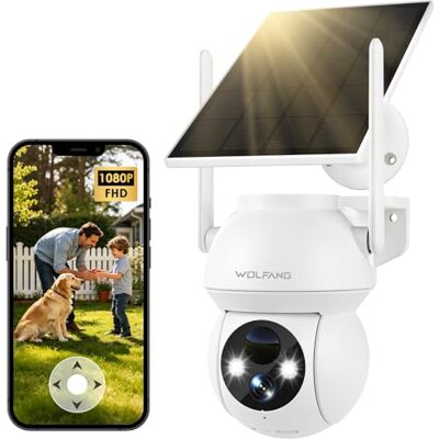 WOLFANG Cámara de Seguridad Solar 1080P para Exteriores, cámara WiFi PTZ de 360° (Solo 2.4G), detección de Movimiento PIR, visión Nocturna a Color, Audio bidireccional, IP65, Funciona con Alexa y WOLFANG Cámara de Seguridad Solar 1080P para Exteriores, cámara WiFi PTZ de 360° (Solo 2.4G), detección de Movimiento PIR, visión Nocturna a Color, Audio bidireccional, IP65, Funciona con Alexa y