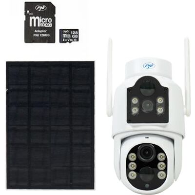 PNI Paquete de cámara de videovigilancia IP792, Doble Lente 2MP + 2MP, Panel Solar de 3W y Tarjeta de Memoria MicroSD 128GB incluida PNI Paquete de cámara de videovigilancia IP792, Doble Lente 2MP + 2MP, Panel Solar de 3W y Tarjeta de Memoria MicroSD 128GB incluida