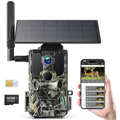 WOLFANG Cámara de Caza Solar, 4G LTE Camara Fototrampeo 2.5K con Detección PIR Nocturna por Infrarrojos Invisible, Alerta, Audio Bidireccional, IP66 para Vida Silvestre y Monitoreo de Seguridad WOLFANG Cámara de Caza Solar, 4G LTE Camara Fototrampeo 2.5K con Detección PIR Nocturna por Infrarrojos Invisible, Alerta, Audio Bidireccional, IP66 para Vida Silvestre y Monitoreo de Seguridad