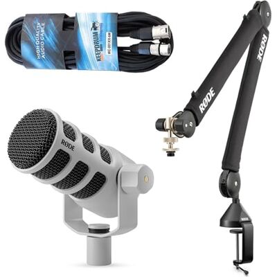 RØDE Rode Podmic USB XLR Micrófono dinámico con altavoz PSA-1+ y cable XLR keepdrum, color blanco RØDE Rode Podmic USB XLR Micrófono dinámico con altavoz PSA-1+ y cable XLR keepdrum, color blanco