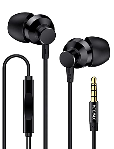 VEENAX M2 Auriculares In Ear, Auriculares con Cable y Micrófono, Headset Estéreo Cascos Graves Profundos, Earbuds Headphones para Smartphone Ordenador PC Tablet MP3, Audífonos de 3.5mm, Negro