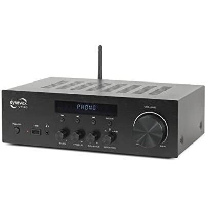 Dynavox VT-90 Amplificador estéreo Compacto, terminales de conexión atornillables para 4 Altavoces, Control Remoto, Entrada de Fono, transmisión BT, Negro Dynavox VT-90 Amplificador estéreo Compacto, terminales de conexión atornillables para 4 Altavoces, Control Remoto, Entrada de Fono, transmisión BT, Negro