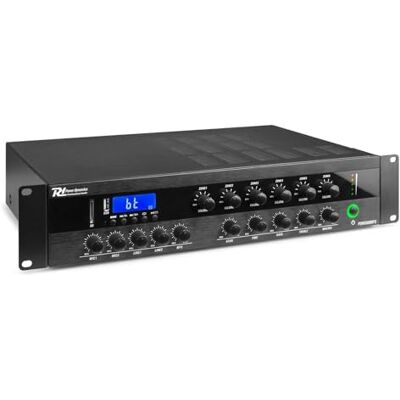 Power Dynamics Amplificador mezclador multizona de 500 W con Bluetooth, reproductor MP3/USB, línea 100 V, entradas RCA y micrófono, EQ de 3 bandas y control por zonas independiente Power Dynamics Amplificador mezclador multizona de 500 W con Bluetooth, reproductor MP3/USB, línea 100 V, entradas RCA y micrófono, EQ de 3 bandas y control por zonas independiente