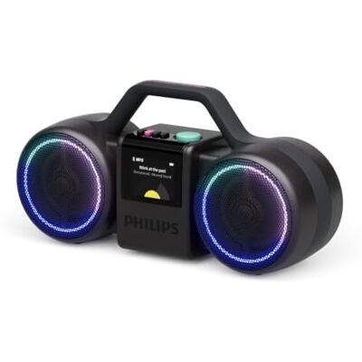 Philips The Roller Altavoz inalámbrico TAMS60B 120 W máximo, Bluetooth 6.0, IP67 Impermeable, batería de 24 Horas, Sonido estéreo, diseño Retro, Auracast, USB-C, Luces LED, Color Negro Philips The Roller Altavoz inalámbrico TAMS60B 120 W máximo, Bluetooth 6.0, IP67 Impermeable, batería de 24 Horas, Sonido estéreo, diseño Retro, Auracast, USB-C, Luces LED, Color Negro