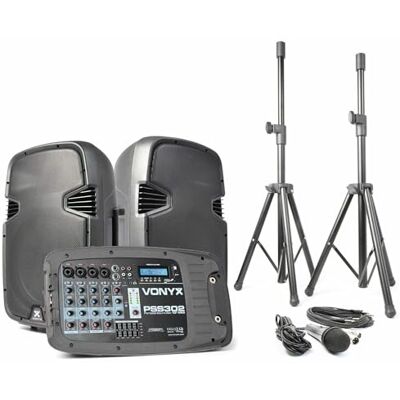 Vonyx Sistema de sonido activo 300W con Bluetooth Mezclador integrado, soportes y micrófono incluidos, montaje rápido, para eventos y presentaciones Vonyx Sistema de sonido activo 300W con Bluetooth Mezclador integrado, soportes y micrófono incluidos, montaje rápido, para eventos y presentaciones
