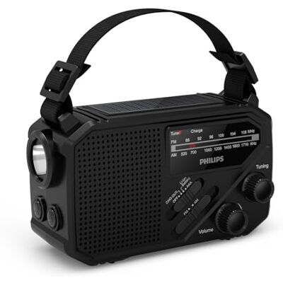 Philips TAR1659 Radio portátil FM/AM con batería recargable integrada, batería AAA y energía de emergencia de manivela, energía solar, luz LED integrada y linterna para camping, senderismo y cortes de Philips TAR1659 Radio portátil FM/AM con batería recargable integrada, batería AAA y energía de emergencia de manivela, energía solar, luz LED integrada y linterna para camping, senderismo y cortes de