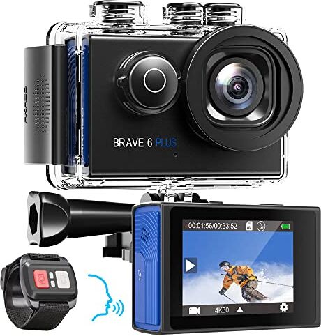 AKASO Brave 6 Plus Cámara Deportiva 4K30FPS WiFi 20MP - Cámara de Accion Pantalla Táctil, Estabilización Electrónica, Cámara Acuatica Sumergible 40M, Control por Voz, 2 Baterías y Kit de Accesorios