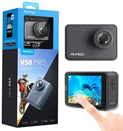 AKASO Cámara Deportiva Nativo 4K/30fps 20MP WiFi Cámara de Acción con Pantalla táctil Cámara Sumergible Acuática 30M 170° Gran Angular Control Remoto EIS 2 Baterías Multi Accesorios (V50 Pro)