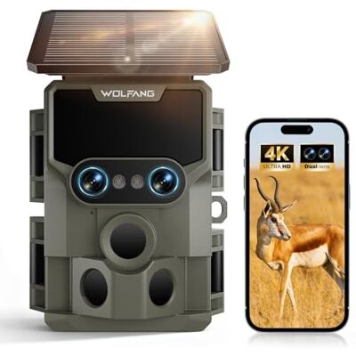 WOLFANG Cámara de Caza, Lente Dual Solar Cámara Fototrampeo 64MP 4K HD con Batería Interna de 5000mAh Ángulo de Detección de 120° Visión Nocturna Estrellada IP66 Impermeable con Tarjeta Micro SD 64GB WOLFANG Cámara de Caza, Lente Dual Solar Cámara Fototrampeo 64MP 4K HD con Batería Interna de 5000mAh Ángulo de Detección de 120° Visión Nocturna Estrellada IP66 Impermeable con Tarjeta Micro SD 64GB