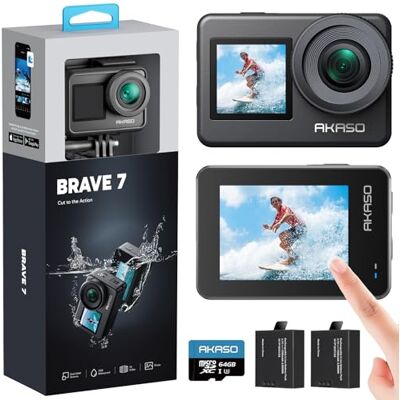 AKASO Brave 7 Cámara Deportiva 4K 20MP Cámara de Acción con 64GB Tarjeta Camara Acuatica Sumergible, Doble Pantalla, EIS, Control de Voz, 2x1350mAh Baterías, para Deportes al aire libre/a diario AKASO Brave 7 Cámara Deportiva 4K 20MP Cámara de Acción con 64GB Tarjeta Camara Acuatica Sumergible, Doble Pantalla, EIS, Control de Voz, 2x1350mAh Baterías, para Deportes al aire libre/a diario