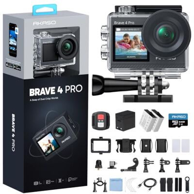 AKASO Brave 4 Pro Cámara Deportiva 4K 20MP con Tarjeta de Memoria U3 de 64GB Cámara de Acción Camara Acuatica Sumergible 40M con Dual Pantalla EIS 5X Zoom 2*1350mAh Baterías Multi Accesorios AKASO Brave 4 Pro Cámara Deportiva 4K 20MP con Tarjeta de Memoria U3 de 64GB Cámara de Acción Camara Acuatica Sumergible 40M con Dual Pantalla EIS 5X Zoom 2*1350mAh Baterías Multi Accesorios