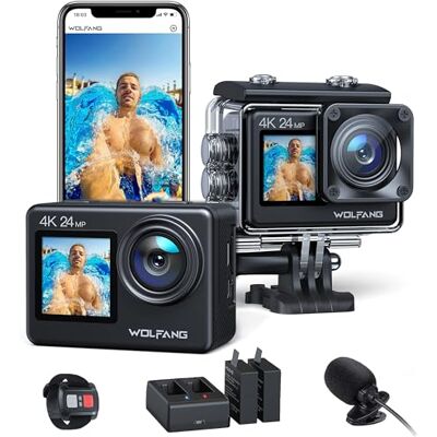 WOLFANG Cámara Deportiva GA200 4K 24MP Doble Pantalla WiFi Cámara de Video, Cámara Acuática Sumergible de 40M, 170° Gran Angular, Control Remoto EIS Mejorado, 2 Baterías, Multi Accesorios WOLFANG Cámara Deportiva GA200 4K 24MP Doble Pantalla WiFi Cámara de Video, Cámara Acuática Sumergible de 40M, 170° Gran Angular, Control Remoto EIS Mejorado, 2 Baterías, Multi Accesorios