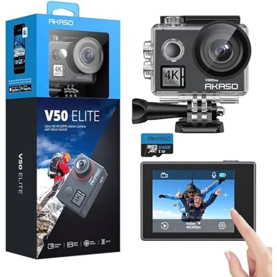 AKASO V50 Elite Cámara Deportiva 4K 20MP Cámara de Acción con 64GB Tarjeta Camara Acuatica Sumergible con Pantalla Táctil, EIS, 8X Zoom, 2 Baterías y Accesorios, para Ciclismo/esquí/surfea/a diario AKASO V50 Elite Cámara Deportiva 4K 20MP Cámara de Acción con 64GB Tarjeta Camara Acuatica Sumergible con Pantalla Táctil, EIS, 8X Zoom, 2 Baterías y Accesorios, para Ciclismo/esquí/surfea/a diario