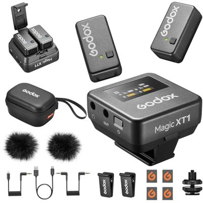GODOX Magic XT1 Micrófono corbata inalámbrico para cámara (2 TX + 1 estuche de carga RX), mini micrófono con cancelación de ruido, batería de 16H, pantalla táctil 200 m GODOX Magic XT1 Micrófono corbata inalámbrico para cámara (2 TX + 1 estuche de carga RX), mini micrófono con cancelación de ruido, batería de 16H, pantalla táctil 200 m
