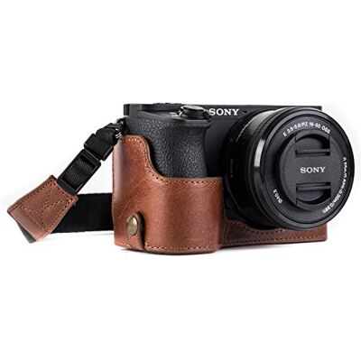 MegaGear Ever Ready Media Funda de Piel auténtica y Correa con Acceso a la batería para cámara Sony Alpha A6500, Color marrón Oscuro MegaGear Ever Ready Media Funda de Piel auténtica y Correa con Acceso a la batería para cámara Sony Alpha A6500, Color marrón Oscuro