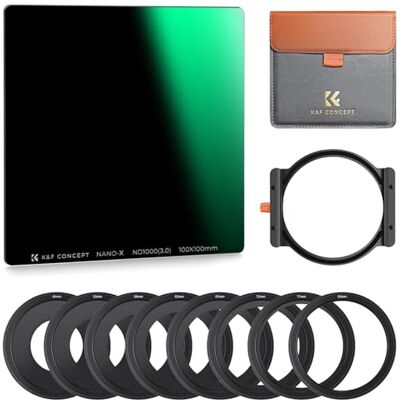 K&F CONCEPT Nano-X Juego Filtros ND1000 Cuadrados (10 Pasos) 100x100mm de Vidrio óptico con 28 Capas Nano Revestimiento,Incluido 1xPortafiltros/1xFiltro ND/8xAnillo de Adaptador K&F CONCEPT Nano-X Juego Filtros ND1000 Cuadrados (10 Pasos) 100x100mm de Vidrio óptico con 28 Capas Nano Revestimiento,Incluido 1xPortafiltros/1xFiltro ND/8xAnillo de Adaptador