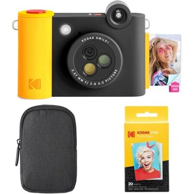 Kodak Smile+ Paquete de iniciación de cámara instantánea Digital e Impresora fotográfica 2 en 1, Funda + Papel Zink 20 Unidades, 10 MP, Lente giratoria, Color Negro Kodak Smile+ Paquete de iniciación de cámara instantánea Digital e Impresora fotográfica 2 en 1, Funda + Papel Zink 20 Unidades, 10 MP, Lente giratoria, Color Negro