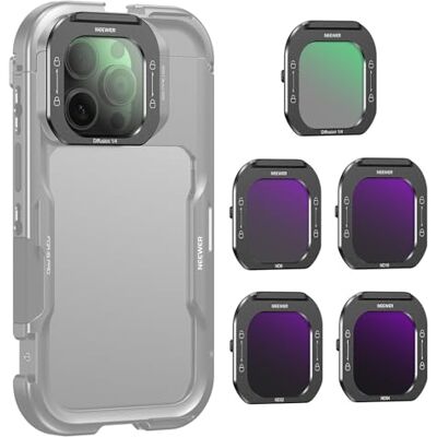 NEEWER Kit de Filtro Objetivos Teléfono (Paquete de 5), Black Diffusion 1/4/ND8/ND16/ND32/ND64 Filtros Liberación Rápida Cristal HD, Compatible Solo con iPhone 16 Pro (PA073) & 16Pro MAX (PA074) Cage NEEWER Kit de Filtro Objetivos Teléfono (Paquete de 5), Black Diffusion 1/4/ND8/ND16/ND32/ND64 Filtros Liberación Rápida Cristal HD, Compatible Solo con iPhone 16 Pro (PA073) & 16Pro MAX (PA074) Cage