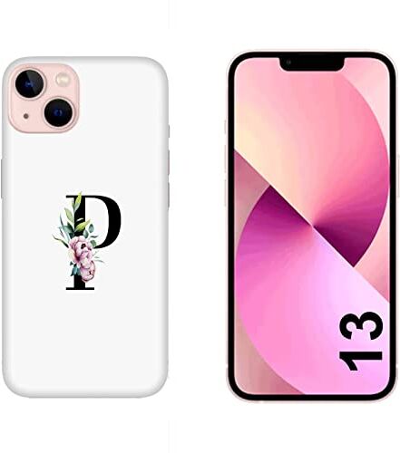 Generico Funda Carcasa Compatible con Apple iPhone 13 Nombre Inicial Letra P con Hojas/TPU Suave Gel de Silicona/Teléfono Hard Snap en Antideslizante Anti-Rayado Resistente a los Golpes TPU