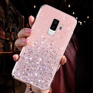 QPOLLY Funda Glossy Compatible con Samsung Galaxy S9 Plus,Transparentes Star Glitter Bling Funda Ultra Delgada Silicona Suave TPU Gel Bumper Protectora Transparente a Prueba de Golpes Funda,Rosado