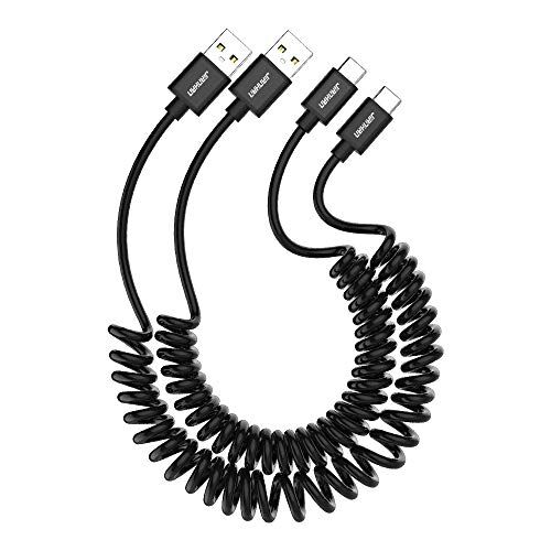 JianHan - Cable USB tipo C en espiral, 2 unidades, USB 2.0, tipo C, carga rápida para Samsung Galaxy S10/ S9/ S8 Plus Note 9 8, Huawei P20 Mate20,LG G6 G5 V20 V30,Google Pixel 2,2XL