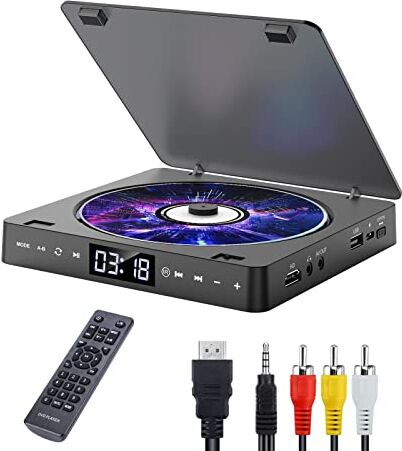 Gueray Reproductor de DVD de Televisión Mini Reproductor de CD de DVD Portátil Gratuito en Todas Las áreas, con Puerto Aux HD 1080p HDMI/AV USB / 3.5mm Control Remoto, Cable HDMI y AV