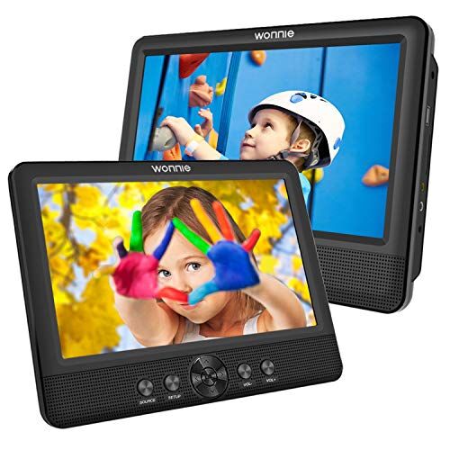 WONNIE 2 Reproductor de DVD Portátil para Coche, con 10.5" Doble Pantallas para Niños Viaje 5 Horas Batería Recargable Compatible con Tarjeta SD y USB con 2 Mando a Distancias
