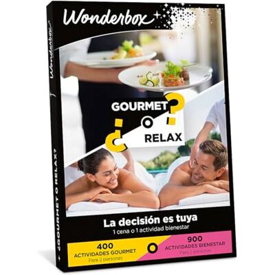 WONDERBOX Caja Regalo ¿Gourmet O Relax? Para 2 personas 1 cena o 1 actividad bienestar Más de 13 experiencias 4 Actividades Gourmet o 9 Actividades Bienestar WONDERBOX Caja Regalo ¿Gourmet O Relax? Para 2 personas 1 cena o 1 actividad bienestar Más de 13 experiencias 4 Actividades Gourmet o 9 Actividades Bienestar