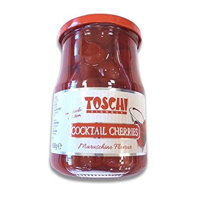 Toschi Gr 630 Cocktail Cerezas con tallo de jarabe, cerezas confitadas rojas, para copas de helado y postres Toschi Gr 630 Cocktail Cerezas con tallo de jarabe, cerezas confitadas rojas, para copas de helado y postres