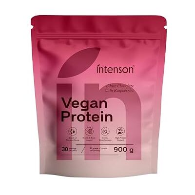 Intenson Vegan Protein Powder Chocolate Blanco Frambuesa, 900 g, 21 g de Proteína por Porción, 30 Porciones, Mezcla de Guisante y Cáñamo, 100% Vegetal, Sin Lactosa, Sin Gluten, Sin Azúcar Intenson Vegan Protein Powder Chocolate Blanco Frambuesa, 900 g, 21 g de Proteína por Porción, 30 Porciones, Mezcla de Guisante y Cáñamo, 100% Vegetal, Sin Lactosa, Sin Gluten, Sin Azúcar