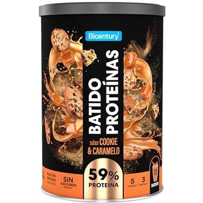Bicentury Proteína en polvo Cookie & Caramelo, 20g de Proteína por porción, Sin Azúcares Añadidos, Bajo en Grasas, Ideal para recuperación muscular, 340 g, 10 raciones Bicentury Proteína en polvo Cookie & Caramelo, 20g de Proteína por porción, Sin Azúcares Añadidos, Bajo en Grasas, Ideal para recuperación muscular, 340 g, 10 raciones