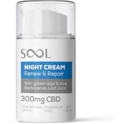 SOOL Crema Facial Nocturna CBD Renew & Repair 300mg, 50ml Crema Hidratante I Todo Tipo de Piel Para el Rostro con Alga Alga Dorada I Rutina Noche SOOL Crema Facial Nocturna CBD Renew & Repair 300mg, 50ml Crema Hidratante I Todo Tipo de Piel Para el Rostro con Alga Alga Dorada I Rutina Noche