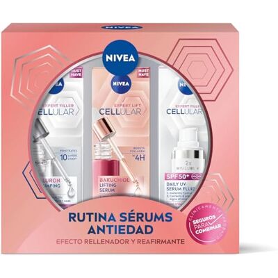 NIVEA Cellular Pack RutinaSérum Antiedad Efecto Rellenador y Reafirmante + Ácido Hialurónico (1 x 30 ml) + Lift Bakuchiol (1 x 30 ml) + Sérum Fluido SPF50+ NIVEA Cellular Pack RutinaSérum Antiedad Efecto Rellenador y Reafirmante + Ácido Hialurónico (1 x 30 ml) + Lift Bakuchiol (1 x 30 ml) + Sérum Fluido SPF50+