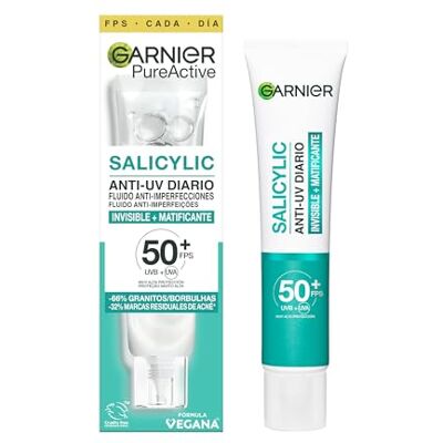 Garnier Pure Active Fluido Anti-imperfecciones Anti-UV Diario FPS50+ con BHA y Niacinamida, acabado Mate e Invisible, para pieles grasas con tendencia acneica, 40 ml Garnier Pure Active Fluido Anti-imperfecciones Anti-UV Diario FPS50+ con BHA y Niacinamida, acabado Mate e Invisible, para pieles grasas con tendencia acneica, 40 ml