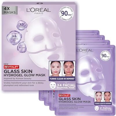L'Oreal Paris L'Oréal Paris Revitalift Filler Glass Skin Mascarilla Facial Hidrogel Iluminadora, Piel Jugosa y Radiante. Tratamiento rellenador, Ácido Hialurónico, Glicerina, Extracto Centella Asiática, Pack de 4 L'Oreal Paris L'Oréal Paris Revitalift Filler Glass Skin Mascarilla Facial Hidrogel Iluminadora, Piel Jugosa y Radiante. Tratamiento rellenador, Ácido Hialurónico, Glicerina, Extracto Centella Asiática, Pack de 4