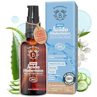 BIONOBLE Serum Facial Acido Hialuronico Orgánico Antiarrugas Mujer, Hidratante Facial y Antiedad Piel, Cara, Contorno de Ojos Botella de Vidrio con Bomba Serum Acido Hialuronico Vegano 50ml BIONOBLE Serum Facial Acido Hialuronico Orgánico Antiarrugas Mujer, Hidratante Facial y Antiedad Piel, Cara, Contorno de Ojos Botella de Vidrio con Bomba Serum Acido Hialuronico Vegano 50ml