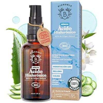 BIONOBLE Serum Facial Acido Hialuronico Orgánico Antiarrugas Mujer, Hidratante Facial y Antiedad Piel, Cara, Contorno de Ojos Botella de Vidrio con Bomba Serum Acido Hialuronico Vegano 30ml BIONOBLE Serum Facial Acido Hialuronico Orgánico Antiarrugas Mujer, Hidratante Facial y Antiedad Piel, Cara, Contorno de Ojos Botella de Vidrio con Bomba Serum Acido Hialuronico Vegano 30ml