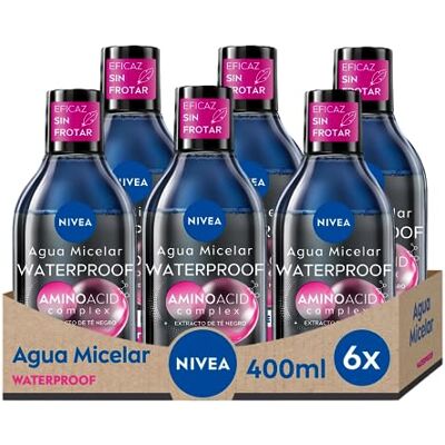 NIVEA Agua micelar Bifásica Waterproof Professional Piel Sensible en pack de 6 (6 x 400 ml), desmaquillante para limpieza facial con extracto de té negro, desmaquillador de ojos y rostro NIVEA Agua micelar Bifásica Waterproof Professional Piel Sensible en pack de 6 (6 x 400 ml), desmaquillante para limpieza facial con extracto de té negro, desmaquillador de ojos y rostro