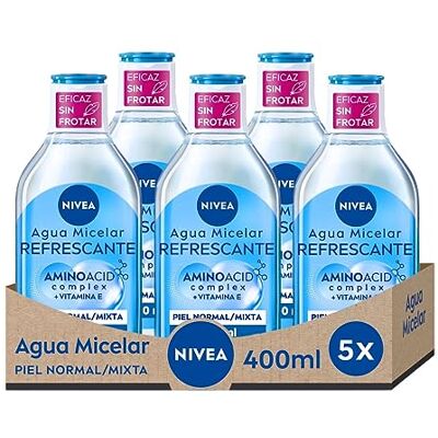 NIVEA Agua Micelar Refrescante Desmaquillante Facial Con Vitamina E Desmaquillador Ojos, Rostro y Labios Limpia Sin Frotar Hidrata Purifica Piel Normal y Mixta Pack de 5 x 400 ml NIVEA Agua Micelar Refrescante Desmaquillante Facial Con Vitamina E Desmaquillador Ojos, Rostro y Labios Limpia Sin Frotar Hidrata Purifica Piel Normal y Mixta Pack de 5 x 400 ml
