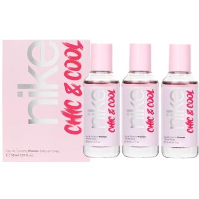 Nike Chic & Cool Pack de 3 x 30 ml, Colonia Mujer, Perfume Formato Viaje en Spray, Eau de Toilette Natural y Femenina, Aroma Afrutado, Fragancia Dulce, Intensa y de Larga Duración Nike Chic & Cool Pack de 3 x 30 ml, Colonia Mujer, Perfume Formato Viaje en Spray, Eau de Toilette Natural y Femenina, Aroma Afrutado, Fragancia Dulce, Intensa y de Larga Duración
