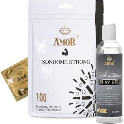 AMOR Lote de preservativos Premium y gel lubricante: compañeros ideales para el buen sexo. 100 preservativos Strong, 0,08 mm, Ø 53 mm + Play Gel anal de Vibratissimo, 250 ml AMOR Lote de preservativos Premium y gel lubricante: compañeros ideales para el buen sexo. 100 preservativos Strong, 0,08 mm, Ø 53 mm + Play Gel anal de Vibratissimo, 250 ml