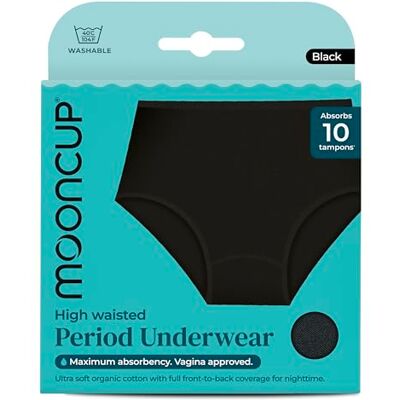 Mooncup Bragas Menstruales de Cintura Alta, Absorben Hasta 10 Tampones, Lavables a Máquina, XL Talla UK 16, Negro (Pack de 1) Mooncup Bragas Menstruales de Cintura Alta, Absorben Hasta 10 Tampones, Lavables a Máquina, XL Talla UK 16, Negro (Pack de 1)